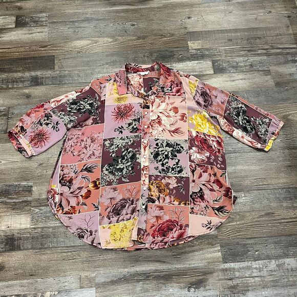 Cynthia Rowley Floral Patchwork Print Button Up Top Size 1X Bloomcore Cottage - Picture 11 of 12